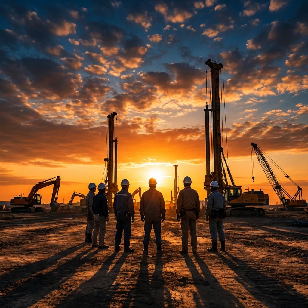 Sunset silhouette of construction site
